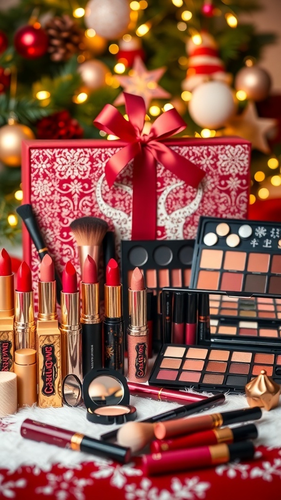 A Christmas makeup gift set with lipsticks, eyeshadow palettes, and brushes on a festive background.